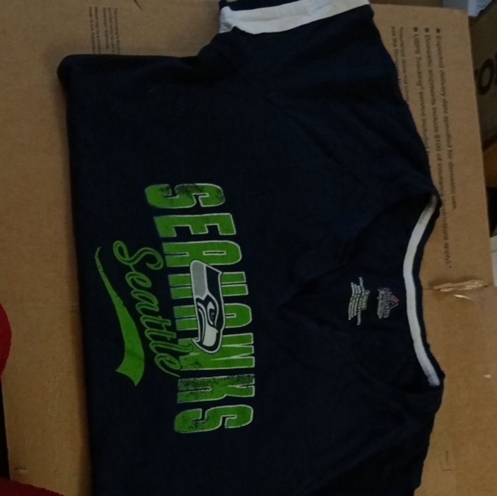 Majestic Navy V-Neck Seahawks Tee with Lime Green Logo - Picture 3 of 4
